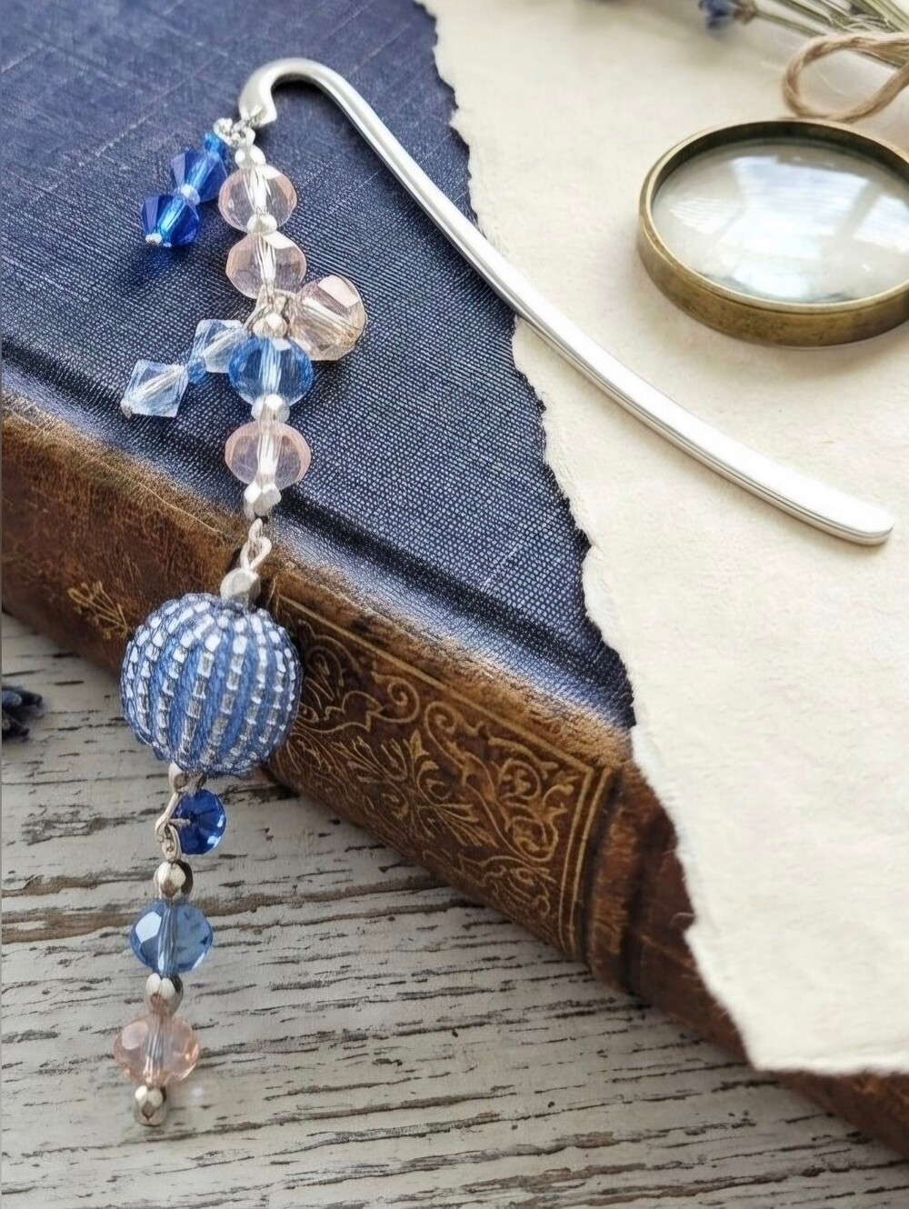 Delicate Blue and Pink Beaded Bookmark